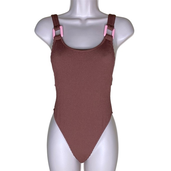 Aerie Crinkle Birthday Scoop Cheekiest One Piece Swimsuit Brown Pink Size XS - Picture 1 of 16